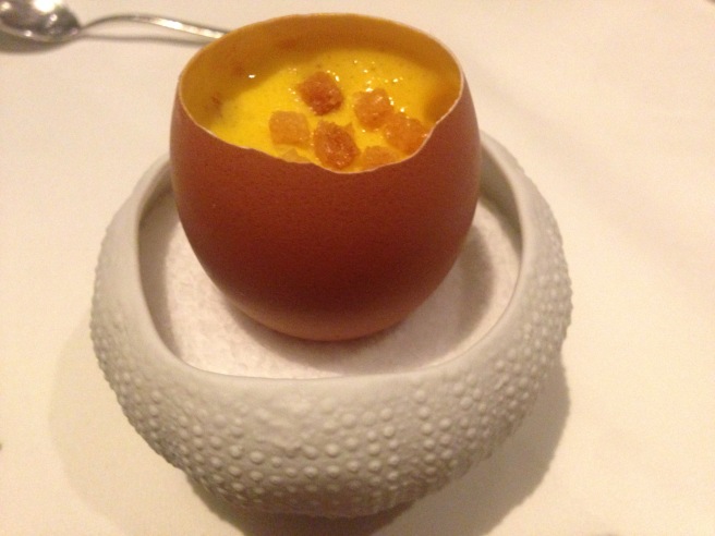 Uni egg scrambled egg, sea urchin, nori mini crutons in shell