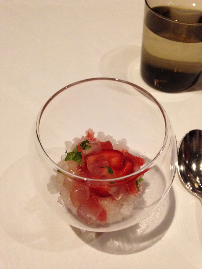 Mint granita, strawberry syrup with fresh strawberries, aloe vera cubes...